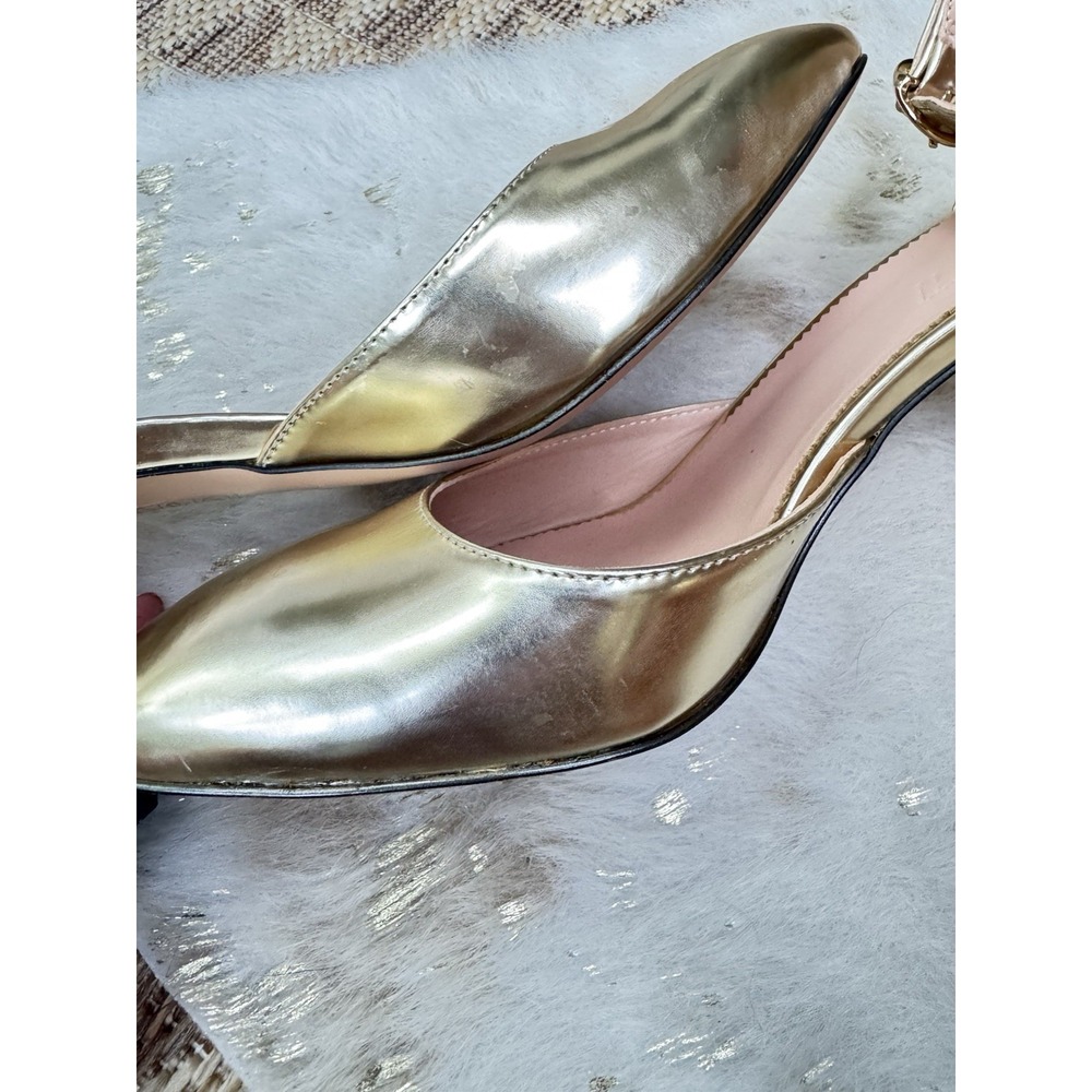 J. Crew Size Metallic Gold Ankle Strap Maisie Pump 10 Block Heel Y2K - Picture 8 of 9